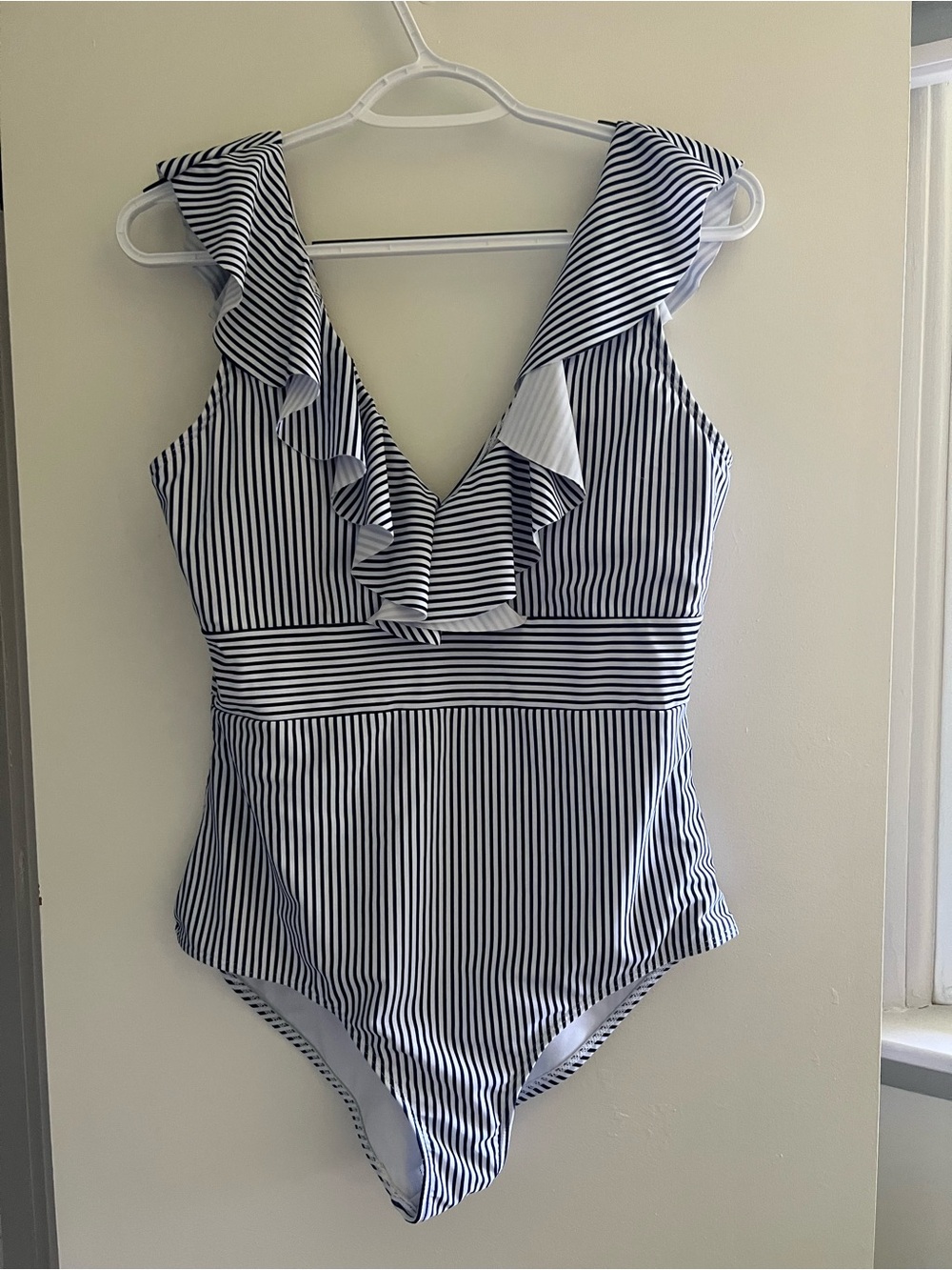 PatPat Navy and White Striped Ruffle One-Piece